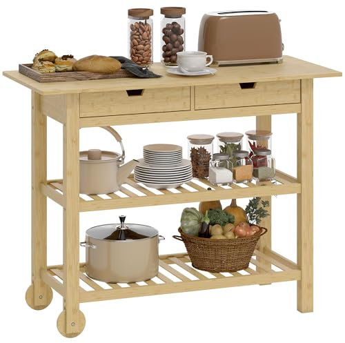 HOMCOM Carrito Auxiliar con Ruedas de Bambú 2 Ruedas 100x43x75 cm Natural