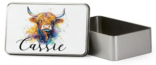 Personalised Colorful Highland Cow custom name gift for kids,Metal Tin Storage Box, Biscuit, ChocolateTin, Emergency Stuff Tin. (Rectangular)
