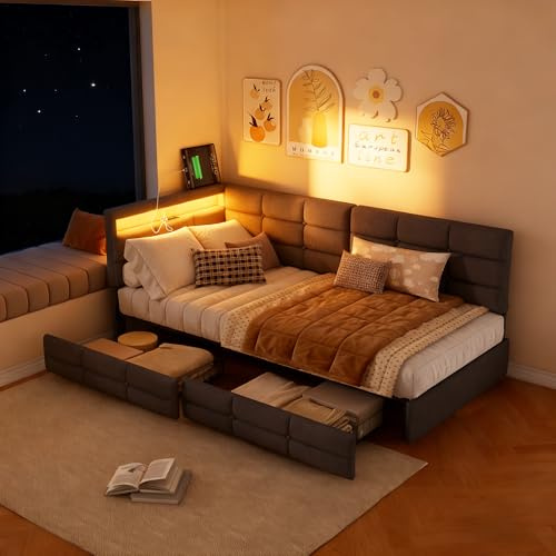 LIVLUX Polsterbett Kinderbett 90x200 mit 2 Stauraum Schubladen,Tagesbett ausziehbar für Kinder mit LED Kopfteil und USB,Schlafsofa Bett Jugendbett Bettgestell mit Lattenrost,Leinen (Grau, 90x200 cm)