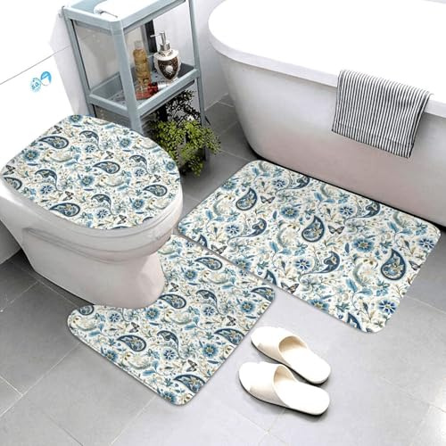 Set di 3 tappeti da bagno con motivo cachemire e farfalle, assorbenti, antiscivolo, lavabili, copriwater a forma di U, tappetino per il contorno del WC, tappetino per doccia, tappetino da bagno per WC