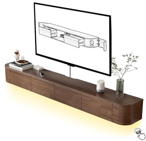HYANXUE Schwebender TV-Ständer Aus Massivholz, Hochglanz-TV-Wandschrank, Schwebende TV-Regale Mit Tür Und Schubladen, Moderne Entertainment-Medienkonsole (Braun + LED, 240 cm)