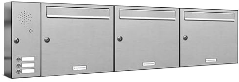AL Briefkastensysteme 3er Briefkastenanlage mit Klingel, Edelstahl, Premium Briefkasten DIN A4, 3 Fach Postkasten modern Aufputz