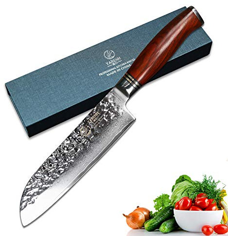 YARENH santoku messer damast 18cm, küchenmesser scharf Aus 73 Schichten Damaststahl,mit Holzgriff, kochmesser damast HTT-Serie