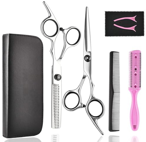 Hair Cutting Scissors Thinning Shears- Fcysy Professional Barber Sharp Hair Scissors Hairdressing Shears Kit with Haircut Accessories in Leather Case for Cutting Styling Hair for Women Men Pet- 7 Pcs