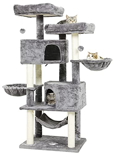 MSmask Kratzbaum groß 153 cm hoch, Katzenbaum für Gross Katzen mit 2 großer Plattform, groß Höhlen, Sisal-Stämme, Natur Sisal Katzenkratzbaum, Stabiler Kratzbaum, Hellgrau