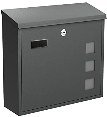 BASI Briefkasten mit Sichtfenster | Wandbriefkasten aus Stahl | Farbe Anthrazit Matt | mit Namensschild | Zylinderschloss mit 2 Schlüssel | inkl. Befestigungsmaterial