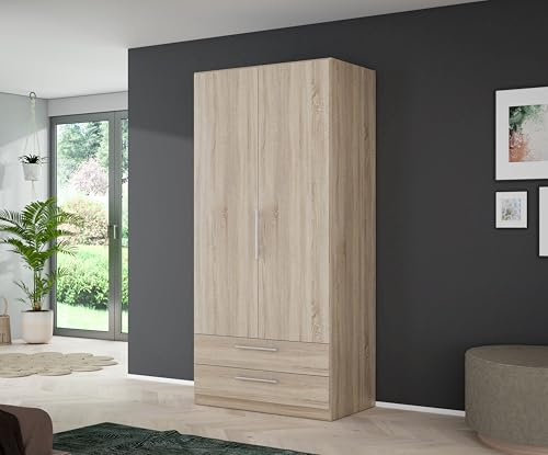 Forte Möbel Cadixo Kleiderschrank 100, 2-türiger Drehtürenschrank mit 2 Schubladen, Holzwerkstoff, Sonoma Eiche Dekor, 100,9 cm breit, 212,9 cm hoch, 58,9 cm tief