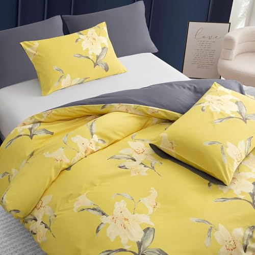 Pamposh Set Copripiumino Copripiumino in Microfibra Premium con 2 Federe – Set di Biancheria da Letto Floreale, Morbido e Ipoallergenico (Giallo/Grigio, Double (200 x 200 cm))