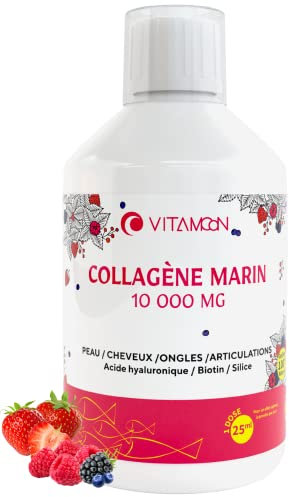 Vitamoon Collagène Marin Liquide 10 000 mg – Biotine, Vitamine C, Acide Hyaluronique – Collagène Hydrolysé Type I & III – Goût Fraise Naturel – 500 ml – Fabriqué en UE