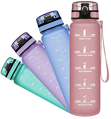 Grsta Bottiglia Acqua, Borraccia Sportiva 350ml/500ml/800ml/1l/1500ml, Bottiglia a Prova di Perdite Senza BPA, Borracce con Filtro e Indicatore del Tempo per Bambini, Scuola, Campeggio, Ciclismo