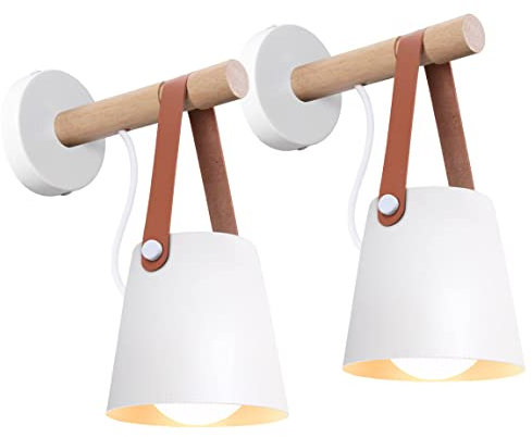 iDEGU 2 Piezas Lámparas de Pared Retro Aplique de Pared Interior en Madera y Metal Iluminación E27 Moderno Luz de Pared Colgante para dormitorio pasillo Sala de Estar (Blanco Mate)
