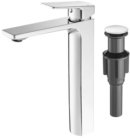 VOTON Vessel Sink Faucet Single Handle Tall Bathroom Sink Faucet Chrome Bathroom Vanity Faucet Basin Mixer Tap with Water Supply Lines and Pop Up Drain,Solid Brass