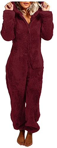 Jumpsuit dam mysig fleece – mysig hemmadräkt dam onepiece pyjamas vinter varm hemmadräkt teddy-fleece helkroppsoverall fluffig pyjamas stora storlekar pyjamas varm sovoverall, vin, XXL
