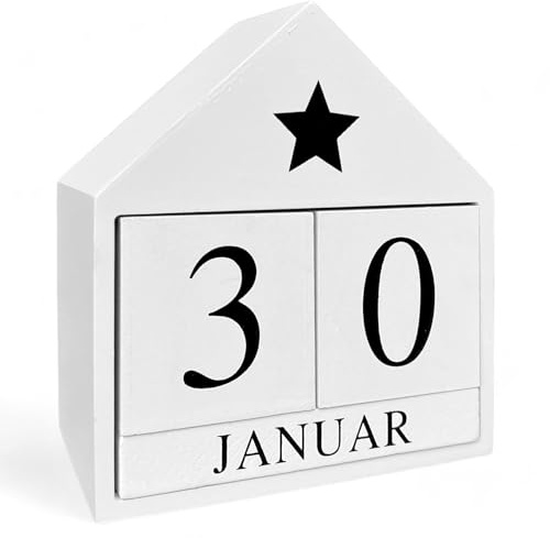 MIJOMA Ewiger Kalender aus Holz - Stilvoller Tischkalender, Kleines Deko Haus Würfelkalender, Dauerkalender in Weiß für Büro & Wohnraum, Holzkalender 13,5cm x 14cm x 6,5cm