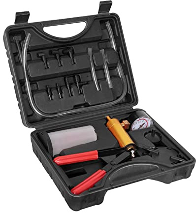 Torin 16 Piece 2 in 1 Brake Bleeder Kit Hand Held Fluid Vacuum Gauge Pump Test Set with Storage Case| One-Man Brake Bleeding System Apply to Bike, Motorcycle, Car, Truck