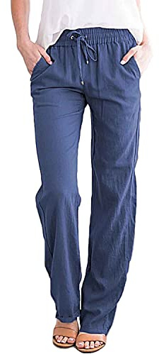 CheChury Mujer Pantalones de Lino y Algodón Cintura Alta Elásticos con Bolsillos - Cómodos Casual Deporte