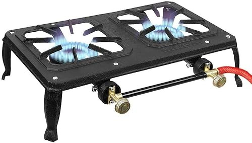 Barbecue a gas Bruciatore a propano, bruciatori a gas for cucinare all'aperto, fornello a gas, fornello da campeggio a propano portatile, griglia a propano da campeggio in ghisa, 2 fuochi patio cortil