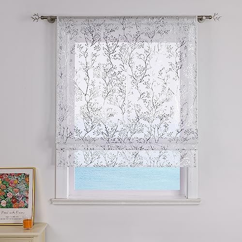 ESLIR Raffrollo mit Tunnelzug Raffgardine Weiß Transparent Gardinen Wohnzimmer Bändchenrollo Leinen Raffrollo im Landhausstil Silber BxH 100x140cm 1 Stück