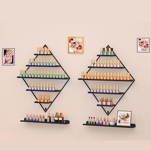 Meisax 2 Sets Nagellack Regal Diamantförmiger Metall Nagellack Organizer Nagellack Aufbewahrung mit 5 Ebenen Wandmontierter Nagellackständer für Nagellack ätherischen Ölen Lippenstift (Schwarz)