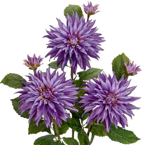 Hollyone 3PCS Lila künstliche Dahlie Blumen, 75cm gefälschte große Seidenblumen mit langem Stiel für Florale Arrangements, Faux Dahlien Blumen für DIY Hochzeit Party Mittelstücke Haus Büro Dekoration