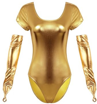 Zaldita Damen Wetlook Turnanzug Kurzarm Tanzbody mit Handschuhe Tanz Trikot Gymnastikanzug Training Bühnenauftritt Gymnastik Gold M