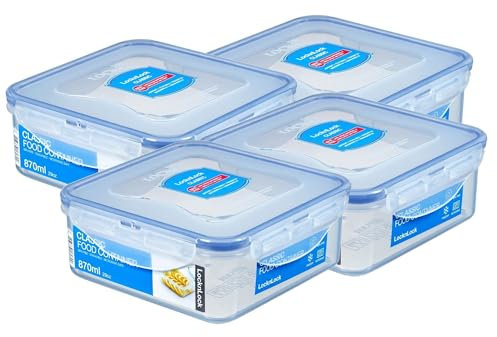 LocknLock 4 x HPL823 storage containers, food storage containers, 870 ml, dimensions (L x W x H): 155 x 155 x 60 mm, suitable for freezing and microwave, lock and lock containers, food box, meal prep