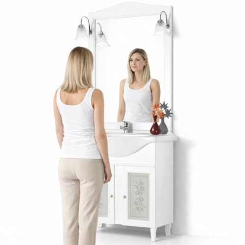 Shally Dogan Mobile Bagno da Terra 75 cm, Composizione in Legno Nobilitato Melaminico, Lavabo in Ceramica e Specchio, Mobiletto 2 Ante con Vetro, Arredamento Design Moderno (Bianco)