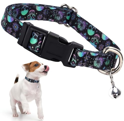 Dog Collar with Bell,Small Dog Collar for Easy Open Little Animal,Skull XS