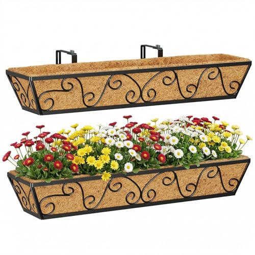 HFHOME 2Pcs 76.2cm/30in Hanging Flower Boxes, Metal Butterfly Planter Box with Coconut Coir, Gardening Kit for Railing Window Box Porch Balcony & Outdoor Fences