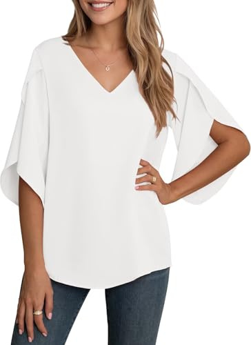 YGJIEGENG Blusa tunica estiva da donna, scollo a V, elegante, in chiffon, vestibilità ampia, maniche 3/4, casual, leggera, con maniche a campana, S-2XL, bianco, L