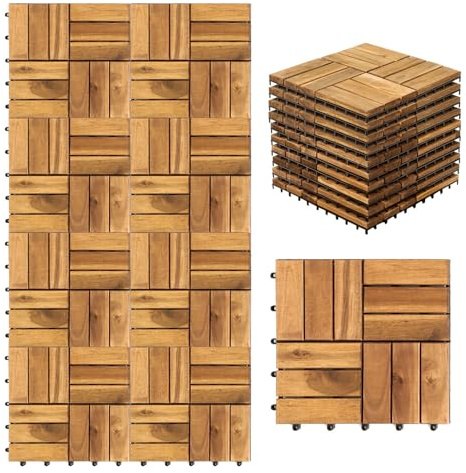 Fiqops Holzfliesen Balkon 30x30cm, Akazienholz Terrassenfliesen 22Stück 2㎡,Terassenboden Außen,Klickfliesen Terrasse Mosaik für Garten Patio,Balkon Bodenbelag (12 Latten)