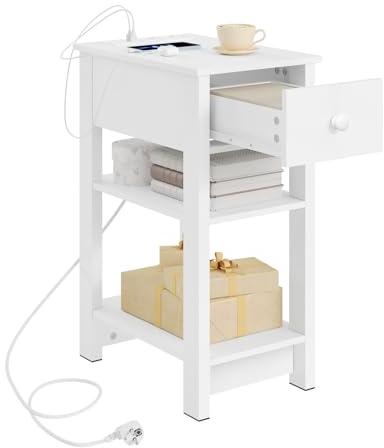 WOLTU Table de Chevet avec Prises Intégrées et Ports USB, Blanc