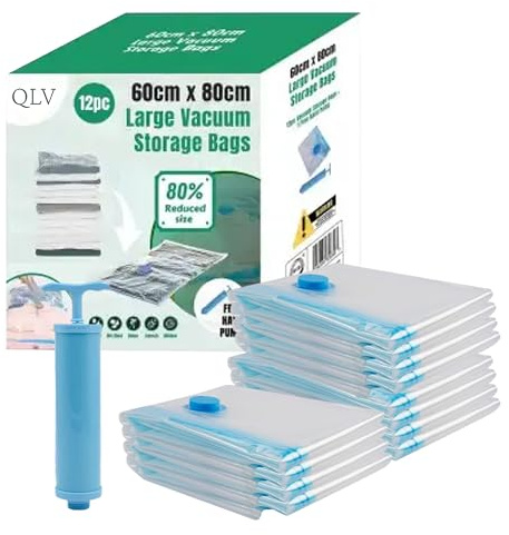 QLV Vacuum Storage Bags for Clothes (12 Pack, 60x80cm) | Large Vacuum Compression Bags with Hand Pump | 80% Space Saver, Waterproof, Reusable Travel Storage Solution for Bedding, Blankets, Pillows