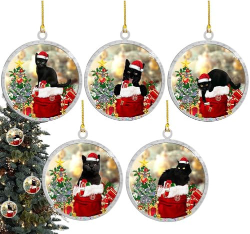 Runder Christbaumschmuck, Acryl-Anhänger für den Weihnachtsbaum - 5Pecies schwarze Katzenbaum-Anhänger, Acryl-Weihnachtsanhänger,Lustige süße Weihnachtsornamente mit Weihnachtsmannmütze für Tür und Zu