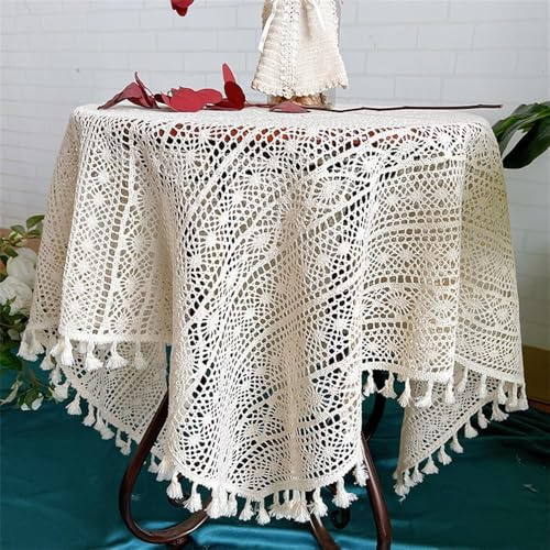FMIYJUN Tischdecke, Häkeldeckchen, Baumwolle, Quasten, Retro, geeignet für Küche, Esszimmer, Wohnzimmer, Bankette, Restaurants (Beige4, 90 x 90 cm)
