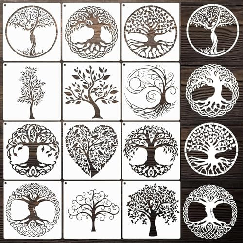 12 x Lebensbaum-Schablonen, wiederverwendbare Kunstvorlagen zum Malen und Basteln, 15 cm x 15 cm, Malvorlagen für Wand, Boden, DIY-Dekorationen