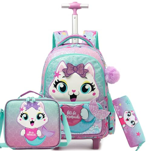 Mermaid Backpack with Wheels for Boys Rolling Backpack Kids Trolley School Bag with Wheels Cute Cat Roller Backpacks for School with Lunch Box Pencil Case