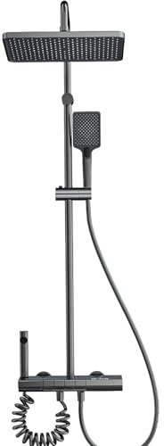 Duschsystem mit Thermostat, Duscharmatur Komplettset mit Quadratische Regendusche Duschkopf, 3 Strahlarten Duschkopf, Regendusche mit Armatur, Duschset (B-mit LED)