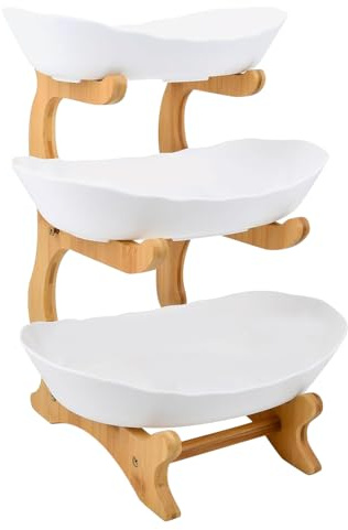HUOLE Présentoir à Fruits, Corbeille a Fruits Céramique avec Support en Bois résistant, Plateaux de Service pour Gâteaux Fruits Dessert, Décoration Coupe de Fruit-14 * 22,5 * 32cm-Blanc