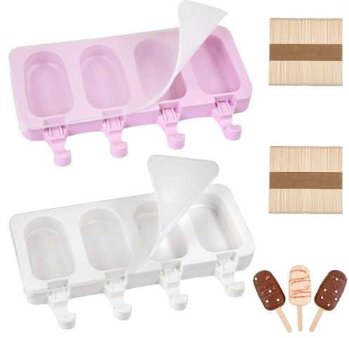 Lot de 2 moules à glace en silicone, sans BPA, avec 100 bâtonnets en bois et couvercle, réutilisables, pour crème glacée, gâteau, dessert