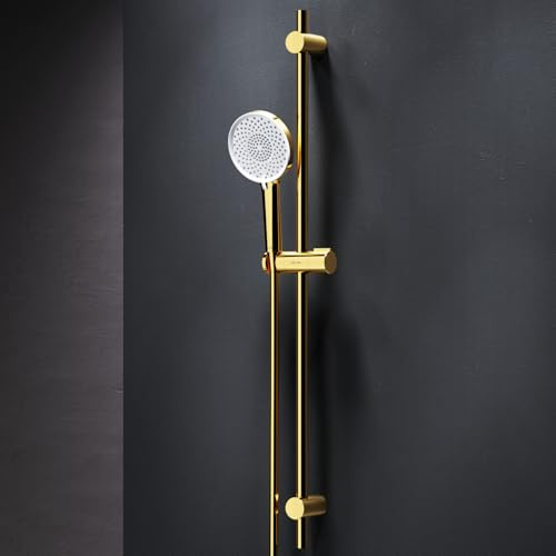 AM.PM X-Joy – Duschstange mit Brause, Handbrause Ø 120 mm, 3 Strahlarten | Duschkopf Antikalk mit Schlauch 175 cm | Höhenverstellbar | Duschgarnitur ohne Armatur | Duschbrause Set Badezimmer | Gold