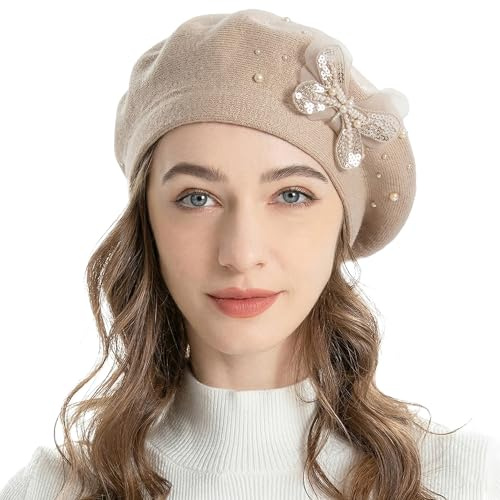 ZLYC Women's French Reversible Cashmere Beret Beret Hat | Ladies Girls Solid Color Soft Wram Hats for Autumn and Winter,Butterfly,Pearl and Tassel Floral Decor,Travel or Daily Wear