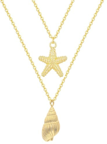 WUYJI Collane da donna 1 collana da donna con conchiglie e ciondoli a forma di stella marina e conchiglia, collana di perle bohémien, catena in acciaio inossidabile, collana multistrato impermeabile