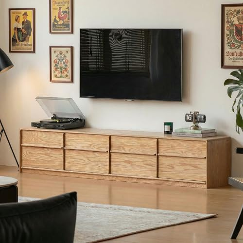 YESWOOD Massivholz TV Schrank Lowboard, Fernsehschrank aus Eiche, TV Board 40×44×220 cm, TV Möbel mit 4 Schubladen, Modernes Lowboard für Wohnzimmer, Roteiche in Naturfarbe