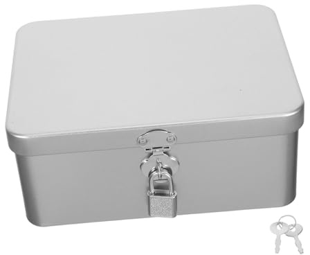 BEBEMOKO Small Metal Tin Storage Box with Lock and Hinged Lid Metal Storage Organizer Tins for Desktop Organization Silver Tinplate Container with Sleek Retro Industrial Design for Small