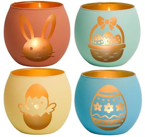 Oster Deko Teelichthalter 4er Set, Matte Teelichtgläser in Pastell-Farben mit Goldenen Osterhasen & Küken Motiven, Kerzengläser für Osterfrühstück Tischdeko, Kerzenhalter Glas Frühlingsdeko & Geschenk