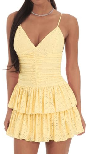 YOXUA Women's Deep V-Neck Spaghetti Strap Casual Tiered Mini Dresses Summer Layer Ruffle Hem Short Dress Yellow