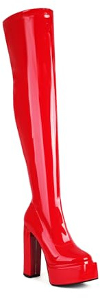 TNMIUH Botas Mosqueteras con Plataforma para Mujer Botas por Encima de la Rodilla de Charol Tacón Ancho de 13,5 cm Zapatos Sexy Fiesta, Negro Blanco Rojo,Rojo,44 EU