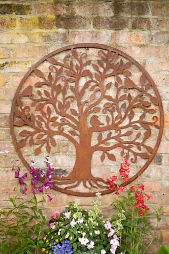 F&G Supplies Large Round Rustic Metal Outdoor Garden Tree and Bird Wall Art Screen 1m diameter