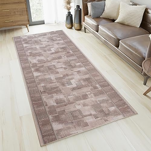 TAPISO Anti Rutsch Teppich Läufer rutschfest Brücke Meterware Modern Grau Beige Verwischt Figuren Design Flur Küche Wohnzimmer 80 x 120 cm